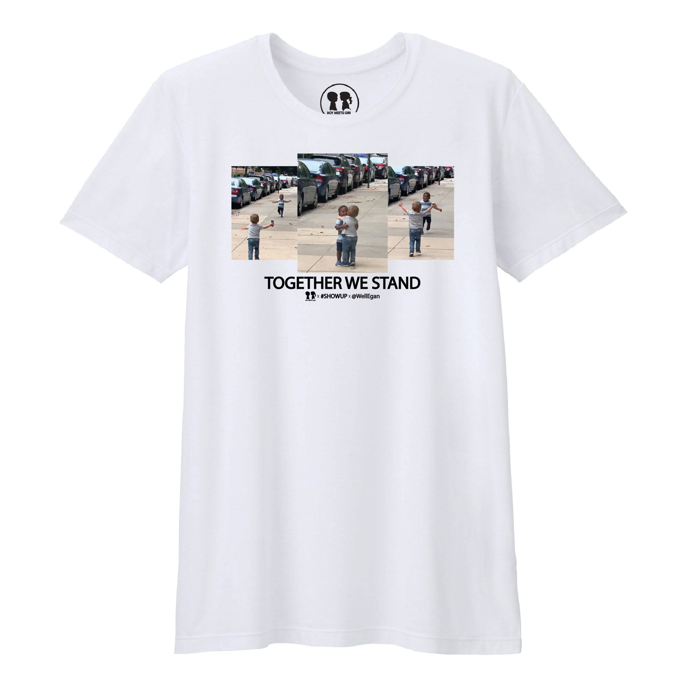 BOY MEETS GIRL® x #SHOWUP x @WellEgan White Unisex T-Shirt featuring a stylish design promoting friendship and racial justice.