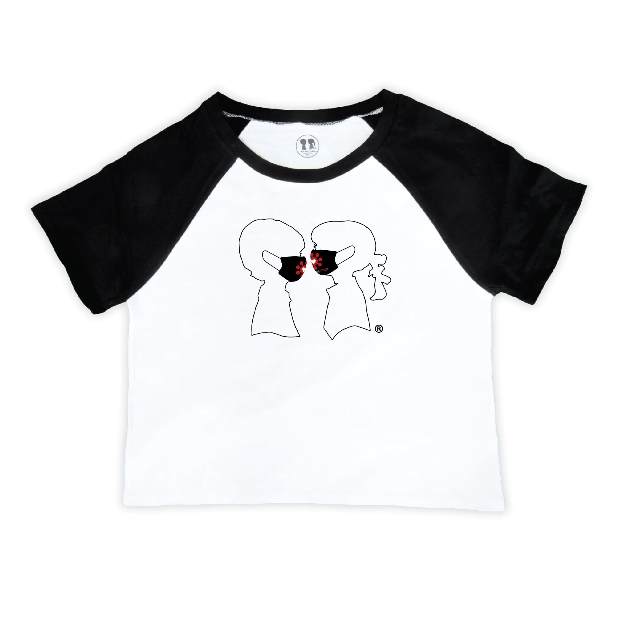 Black raglan crop t-shirt featuring BOY MEETS GIRL® and SURVIVOR CORPS logos, made from 100% cotton.