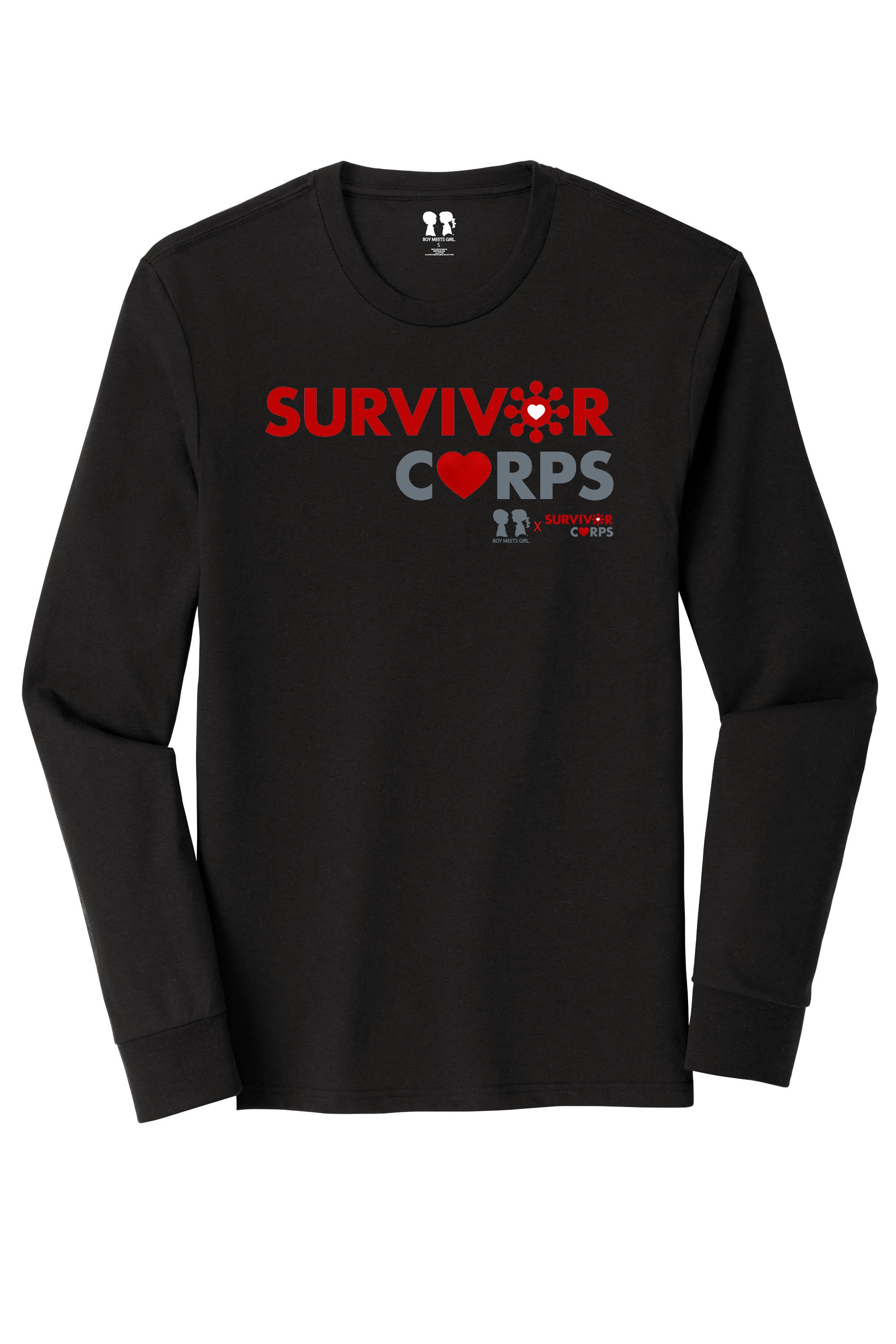 BOY MEETS GIRL x SURVIVOR CORPS Tri-Blend Black Long Sleeve Unisex tee displayed on a hanger, showcasing its soft fabric and stylish design.