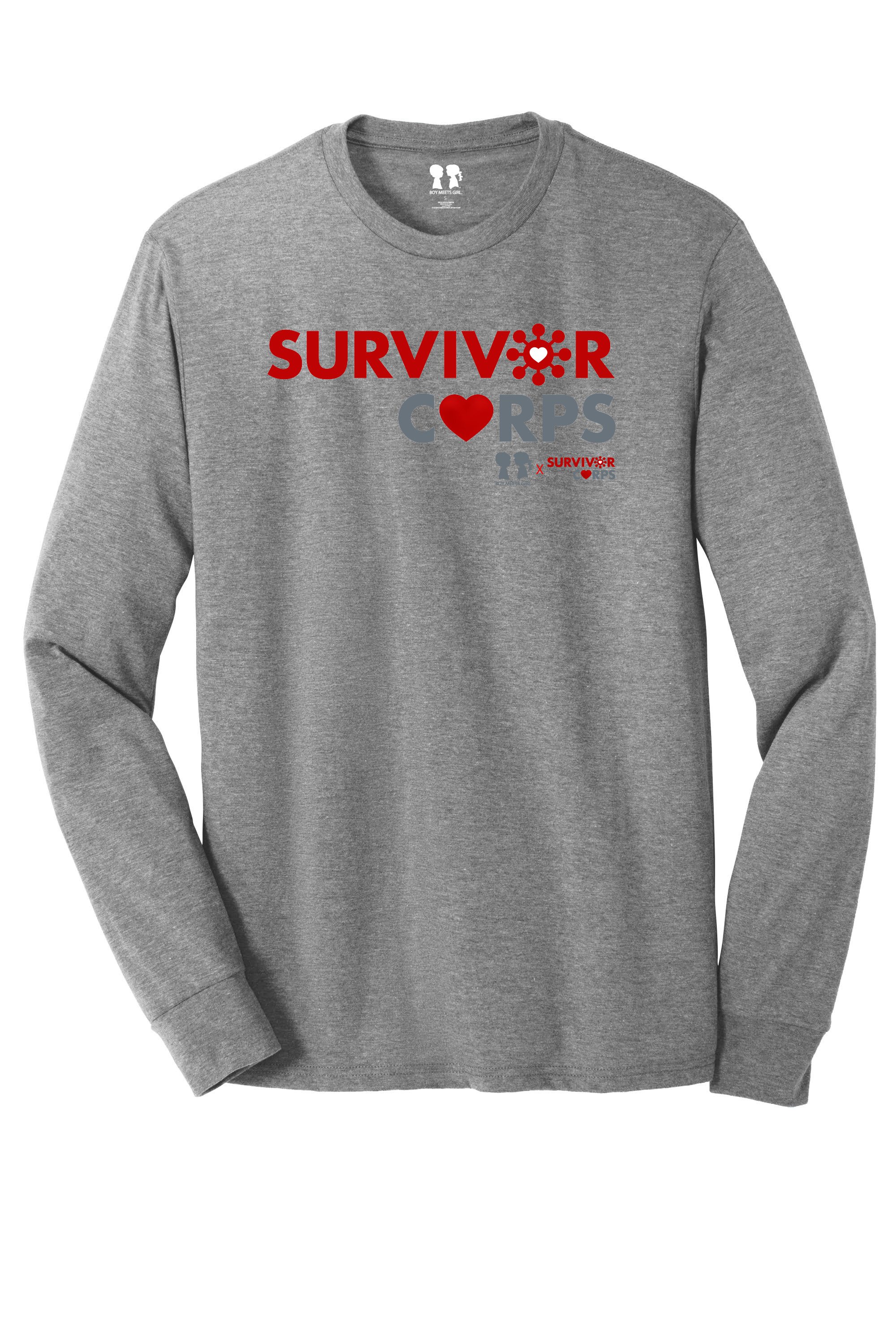 Heather grey long sleeve tee featuring BOY MEETS GIRL® and SURVIVOR CORPS logos, made from a soft tri-blend fabric.