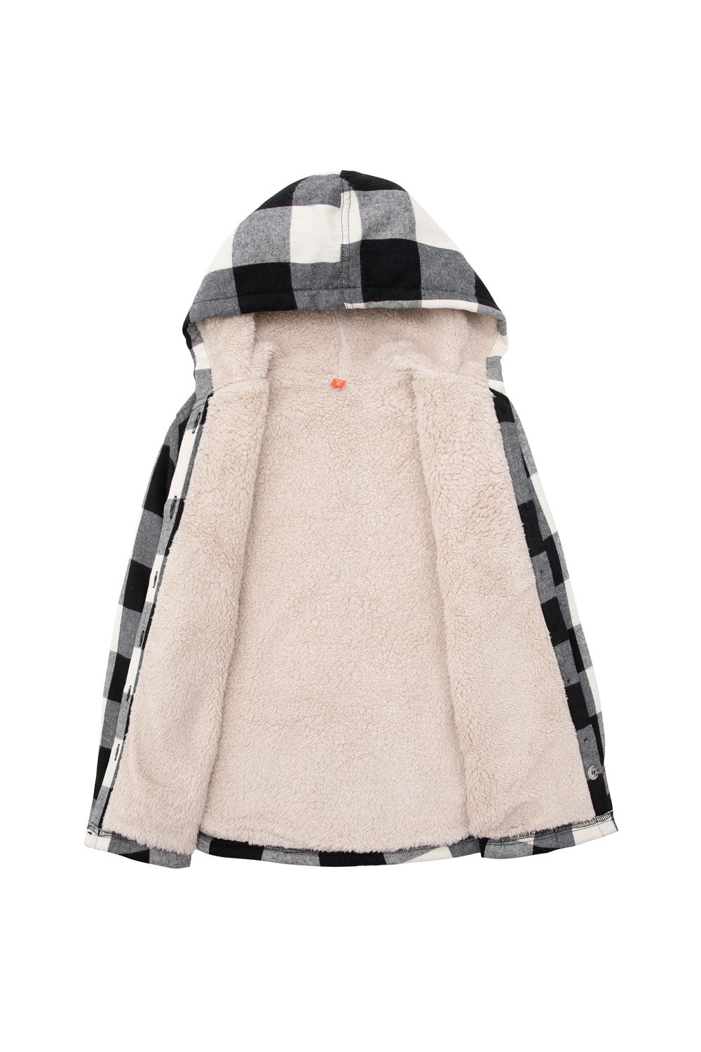 Boys Matching Family Black White Hooded Plaid Flannel Shirt Jacket displayed on a hanger, showcasing its stylish plaid design and cozy hood.