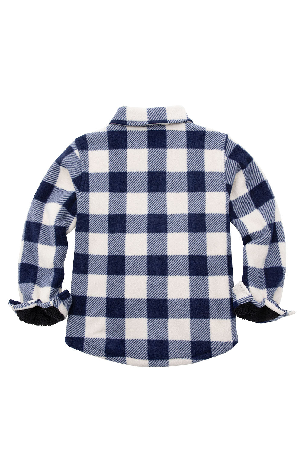 Boys Matching Family Fleece Black White Buffalo Plaid Shacket displayed on a hanger, showcasing its stylish plaid pattern and cozy fleece material.