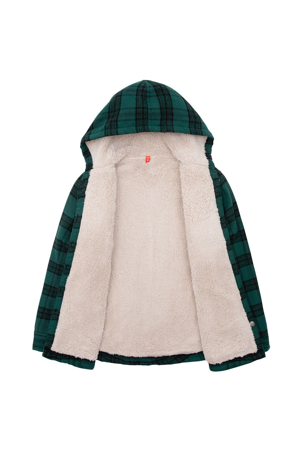 Boys Sherpa Lined Flannel Plaid Shirt Jacket in a stylish plaid pattern with a hood, featuring button-down front and multiple pockets.