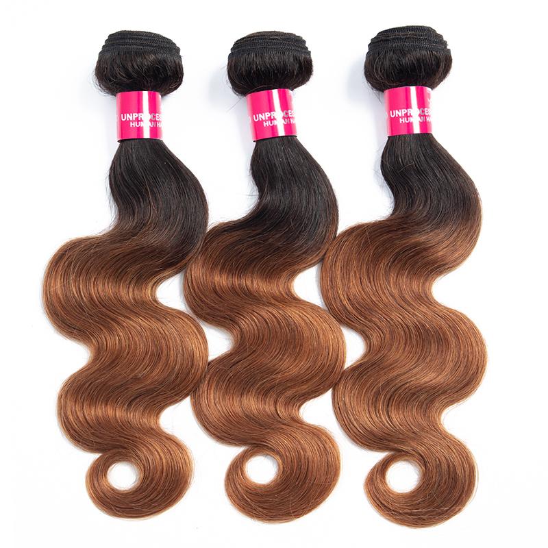 Brazilian body wave human hair bundles in T1b 30 ombre, showcasing thick, luxurious strands with a beautiful gradient.