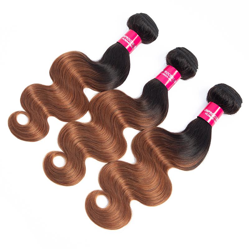 Brazilian body wave human hair bundles in T1b 30 ombre, showcasing thick, luxurious strands with a beautiful gradient.