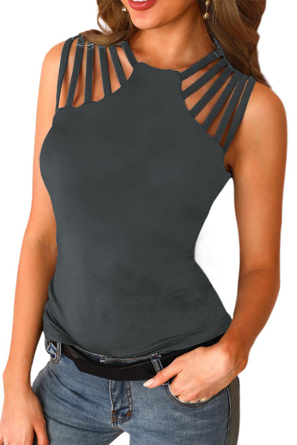 A stylish Brief Studded Detail Multi-Strap Casual Tank Top showcasing its unique strap design and solid color, perfect for casual wear.