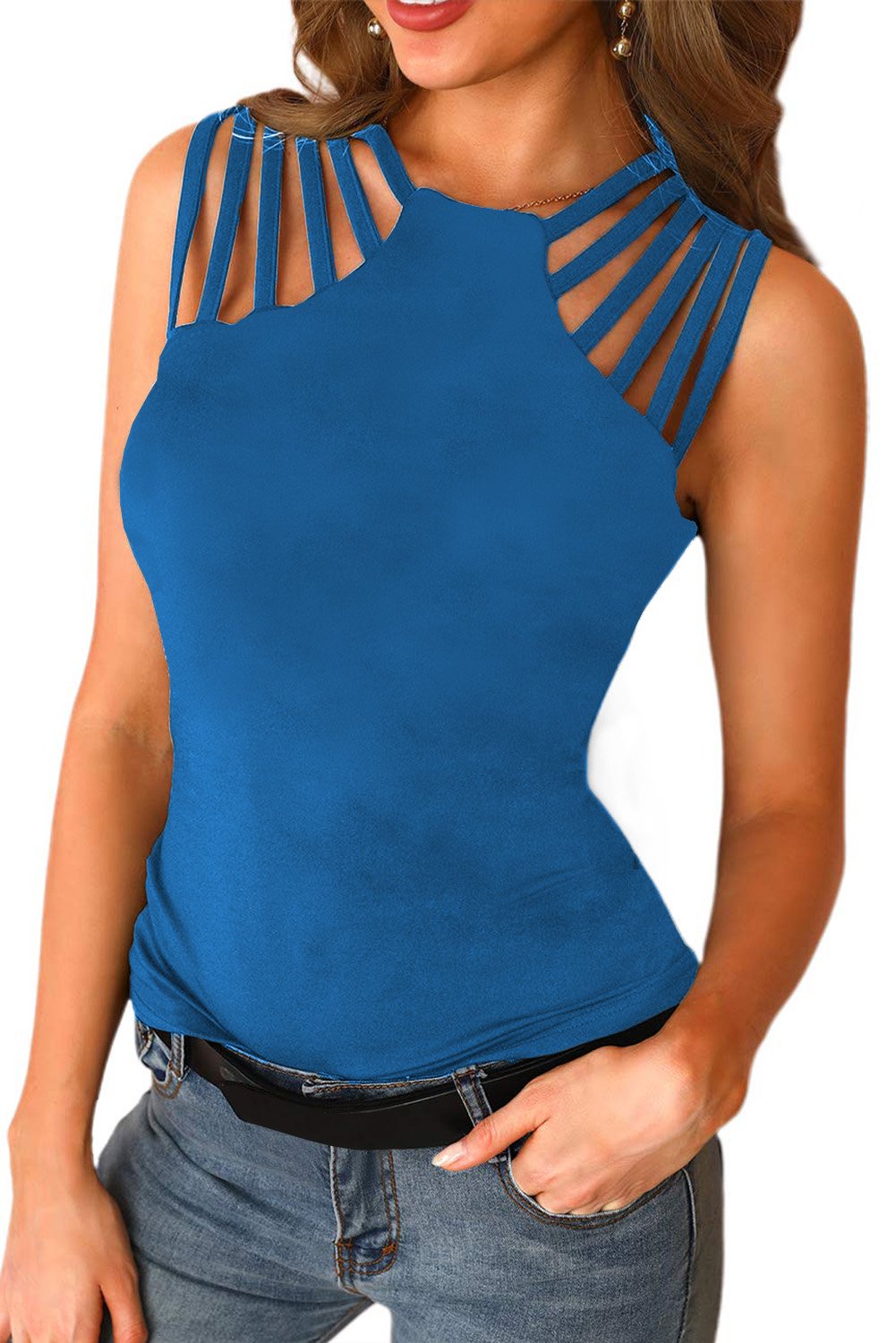 A stylish Brief Studded Detail Multi-Strap Casual Tank Top showcasing its unique strap design and solid color, perfect for casual wear.