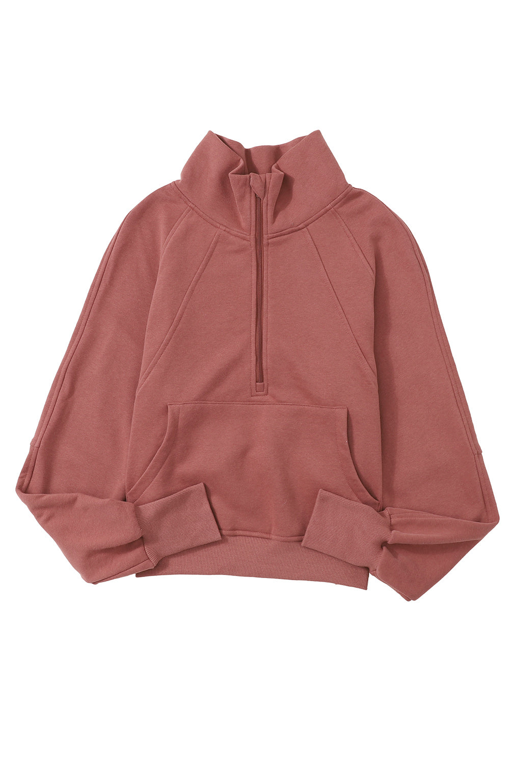 Brown zip-up sweatshirt with stand collar and thumbhole sleeves, featuring a textured design and kangaroo pocket.