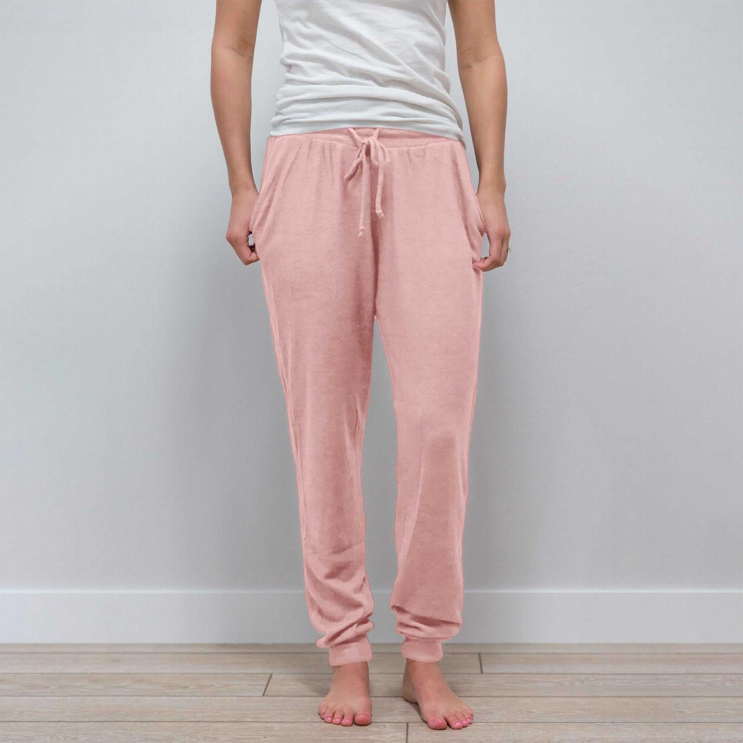 Brushed Hacci Elastic Cuff High Waist Joggers in pink and black, showcasing the ribbed waistband and elastic cuffs.