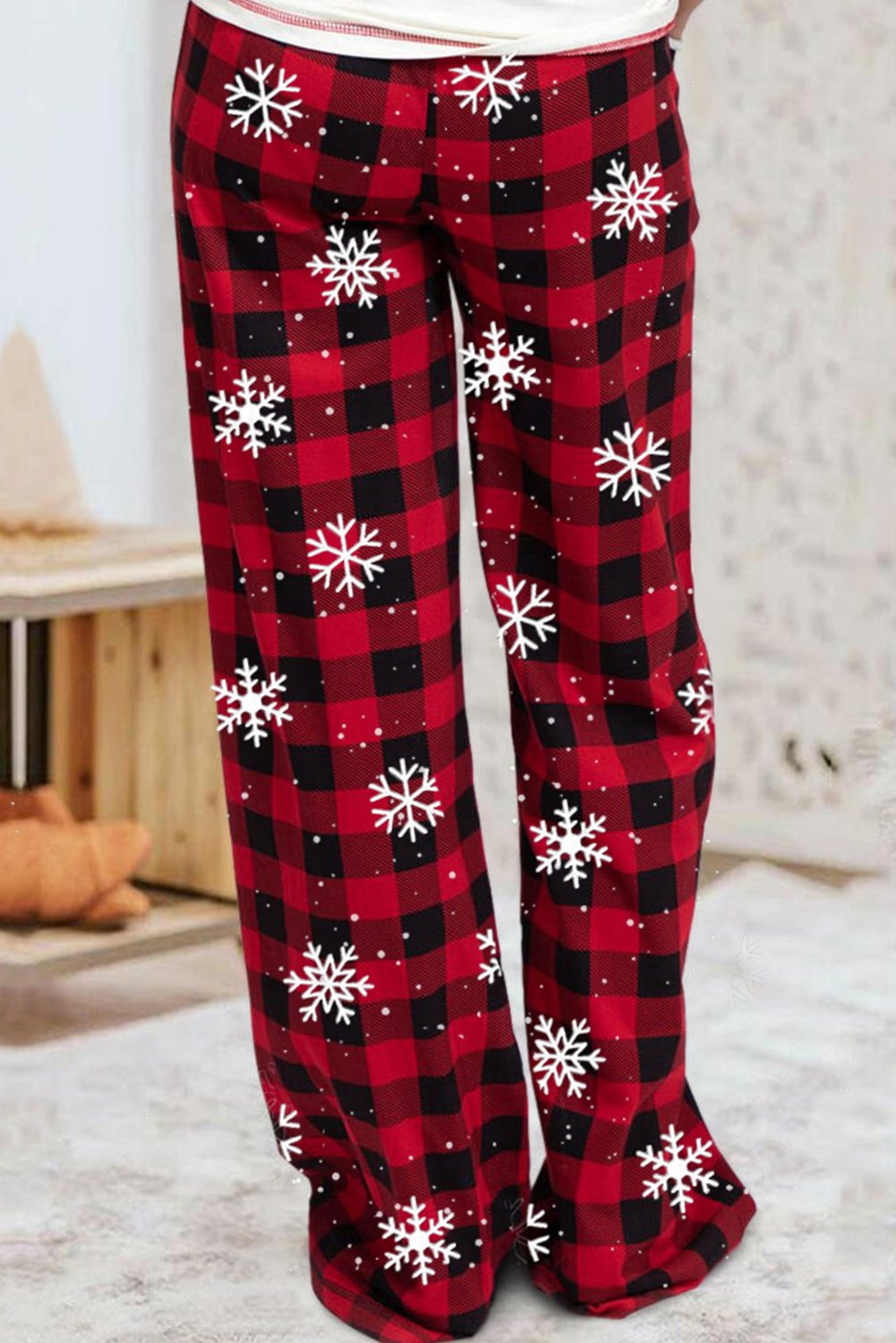 Buffalo Plaid Snowflake Print Casual Christmas Loose Pants featuring a festive red plaid design with snowflakes, perfect for holiday wear.