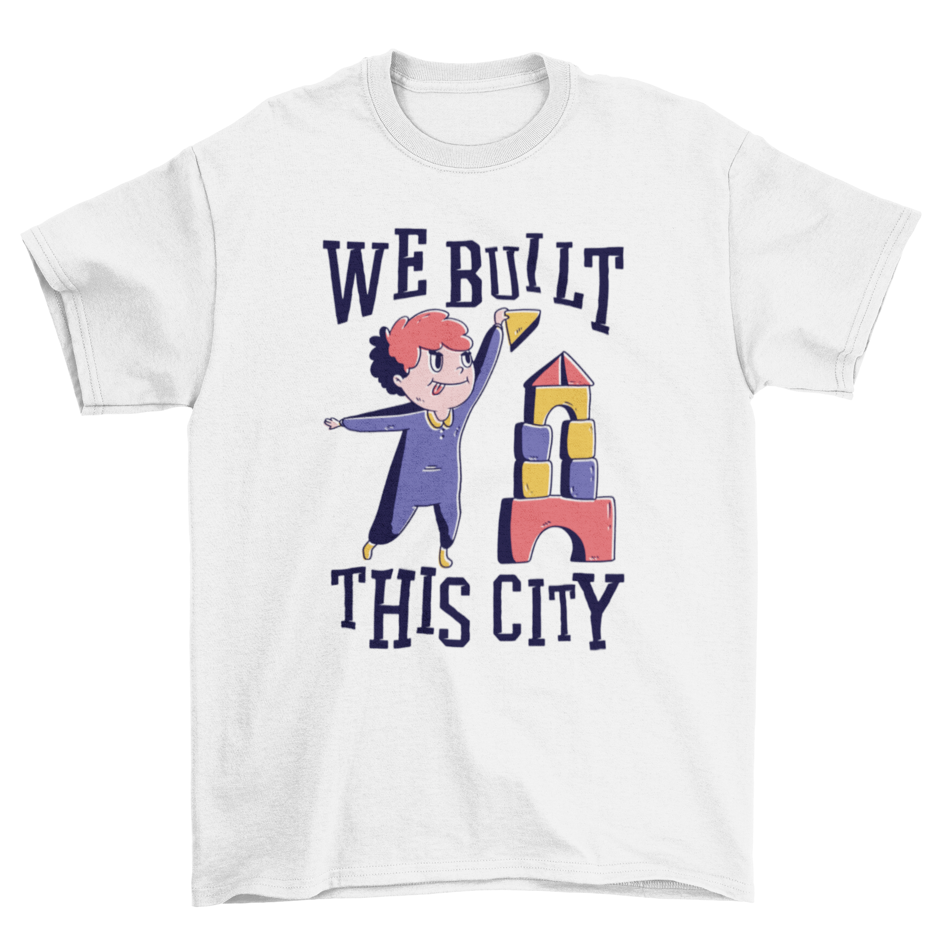 A cute t-shirt design featuring a kid playing with the quote 'We built this city', perfect for various merchandise.