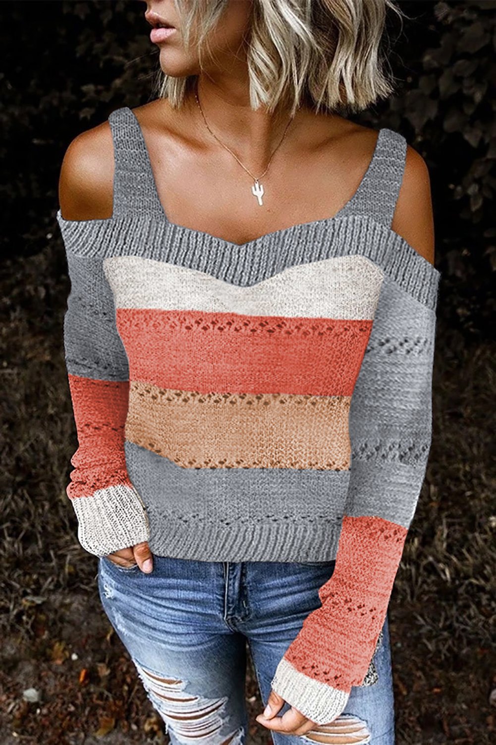 Burgundy Trim Colorblock Stripes Cold Shoulder Hollow-out Sweater showcasing stylish cold shoulder design and vibrant colorblock pattern.