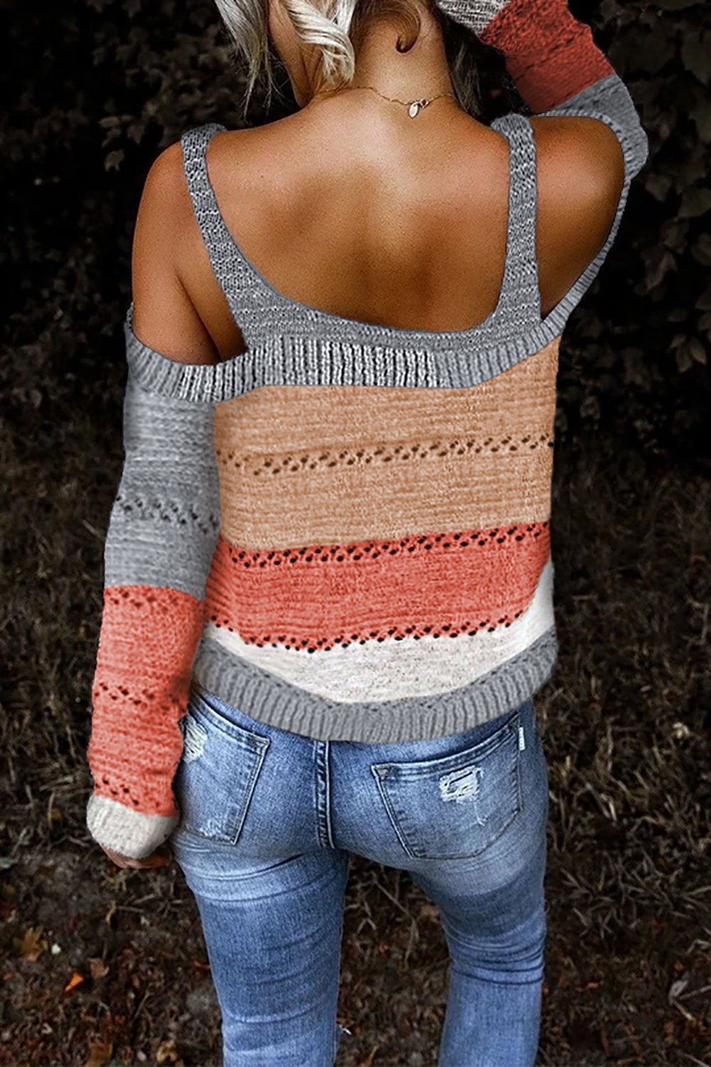 Burgundy Trim Colorblock Stripes Cold Shoulder Hollow-out Sweater showcasing stylish cold shoulder design and vibrant colorblock pattern.