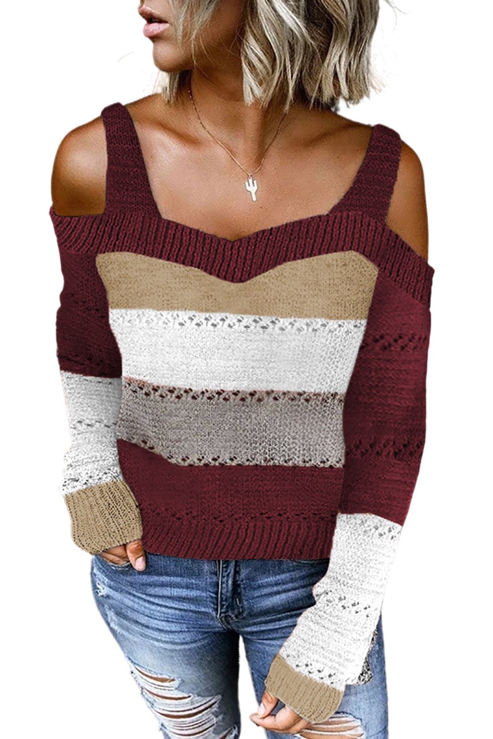 Burgundy Trim Colorblock Stripes Cold Shoulder Hollow-out Sweater showcasing stylish cold shoulder design and vibrant colorblock pattern.