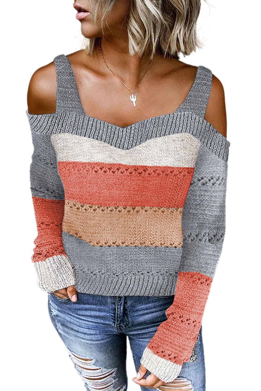 Burgundy Trim Colorblock Stripes Cold Shoulder Hollow-out Sweater showcasing stylish cold shoulder design and vibrant colorblock pattern.