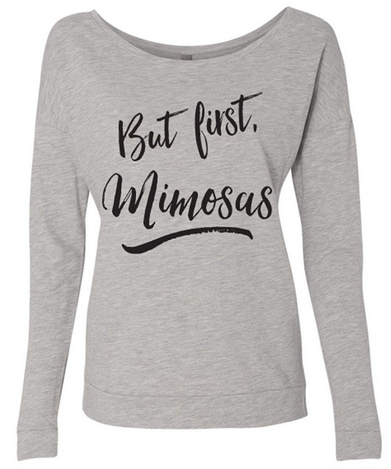 Heather gray off-shoulder long sleeve sweater with 'But First Mimosas' print, perfect for brunch.