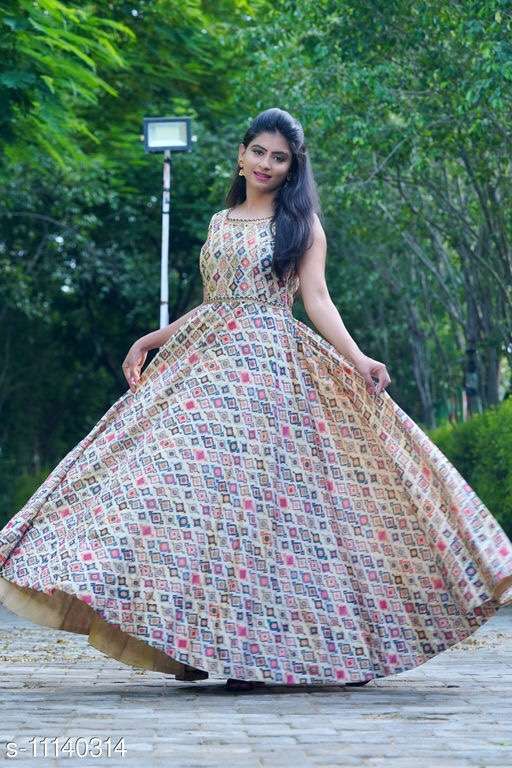 A beautiful Buti printed long party wear gown in Taffeta Silk, featuring a flared Anarkali design, perfect for special occasions.
