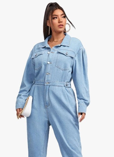 Light blue denim jumpsuit with button front and pockets, featuring long sleeves and a stylish design.
