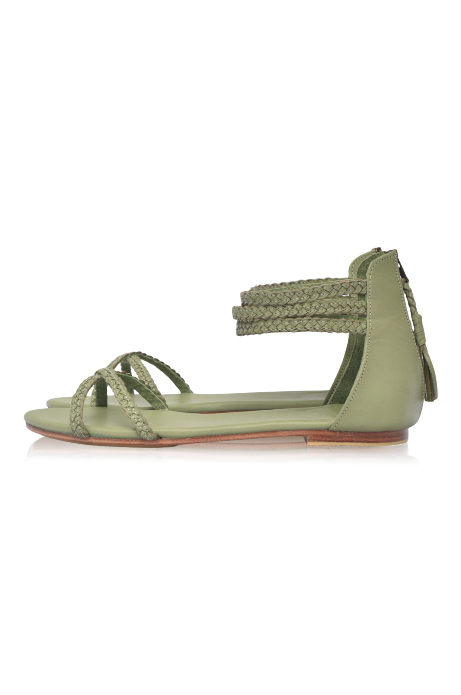 Calypso Braided Leather Sandals featuring braided leather straps, zipper closure, and open toe design, perfect for summer wear.