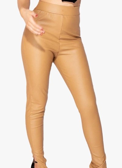 Camel PU high waist jeggings with side split hem, showcasing a stylish faux leather design and skinny fit.