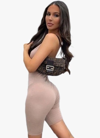 A stylish camel strappy unitard playsuit designed for summer festivals and casual outings, featuring a stretchy fit and strappy details.