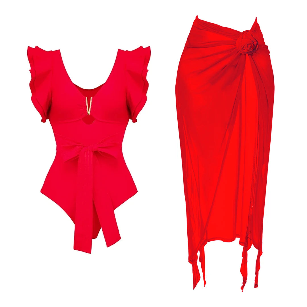 Stylish Camillia one piece swimsuit in vibrant print, perfect for summer beach parties.