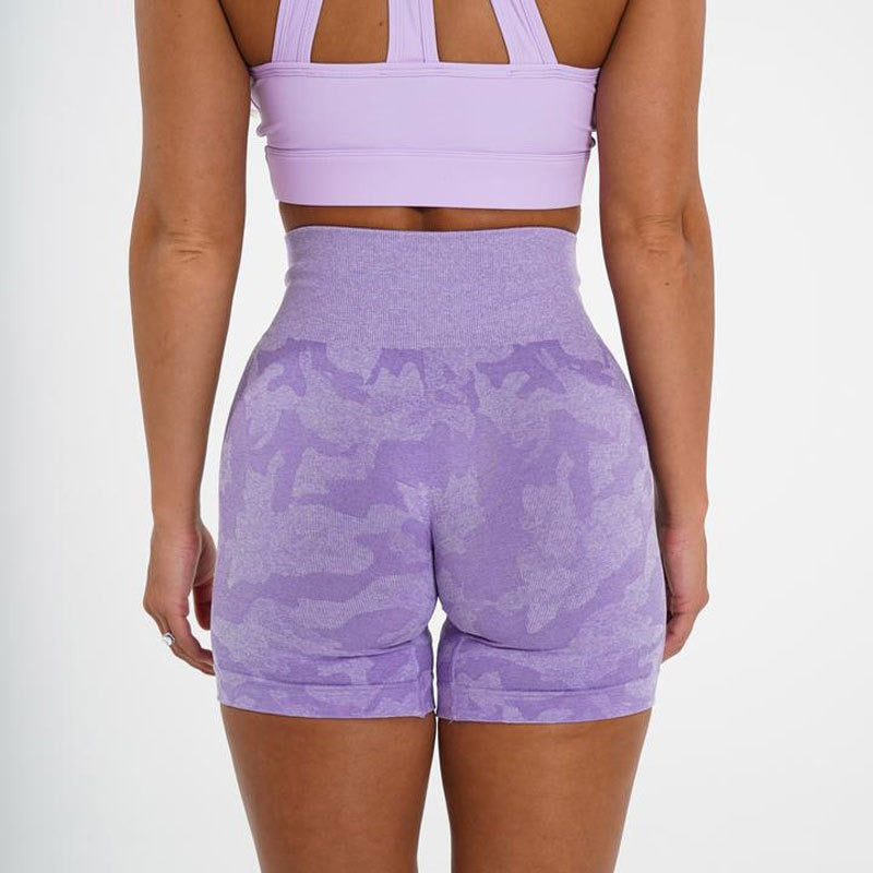 Camo Jacquard Fitness Shorts for women, showcasing seamless design and stylish camo pattern, perfect for workouts.