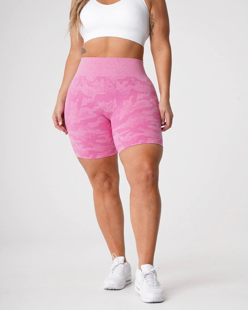 Camo Jacquard Fitness Shorts for women, showcasing seamless design and stylish camo pattern, perfect for workouts.