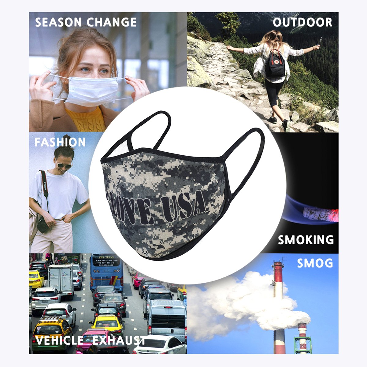 Camo USA 3-Layered Face Cover featuring a unique camouflage print, made from polyester and cotton, designed for comfort and protection.