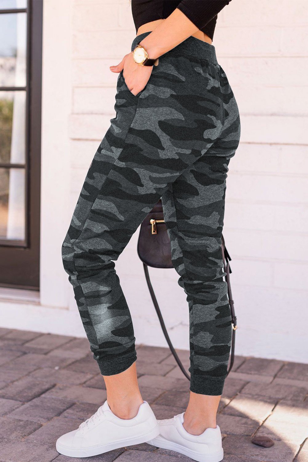 A pair of stylish camouflage drawstring joggers featuring an elastic waistband and side pockets, perfect for workouts and casual wear.