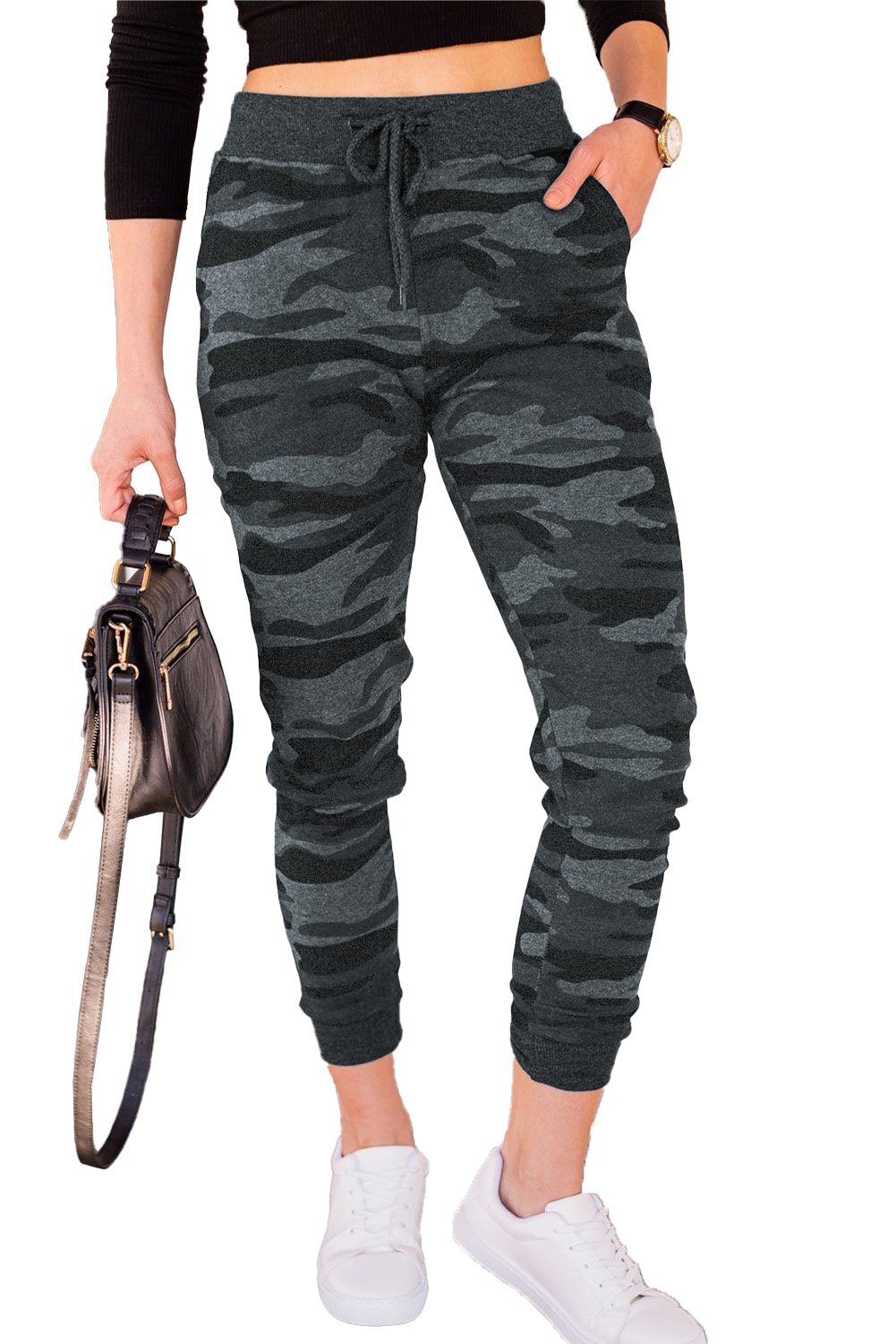 A pair of stylish camouflage drawstring joggers featuring an elastic waistband and side pockets, perfect for workouts and casual wear.