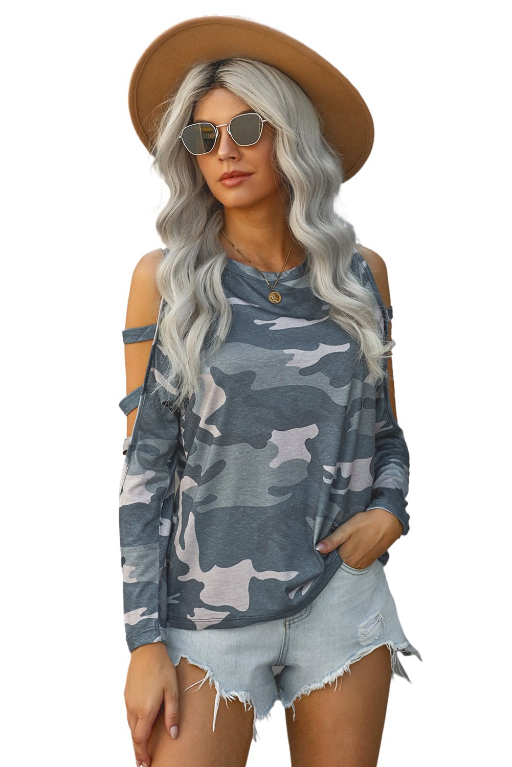 A stylish camouflage long sleeve top featuring hollow-out shoulders, perfect for casual wear.