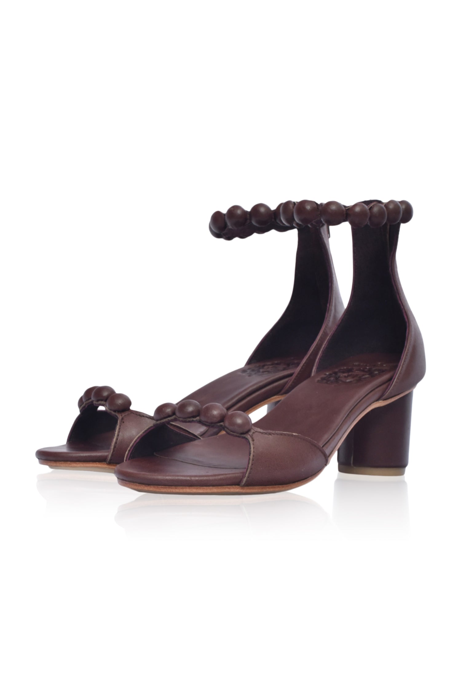 Candy Round Heel Sandals featuring leather-covered buttons and a lightweight wooden heel, perfect for summer outfits.