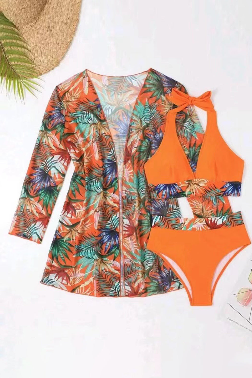 Carrot 3pcs Tropical Contrast Trim Halter Bikini Set displayed with vibrant tropical print and stylish cover-up.