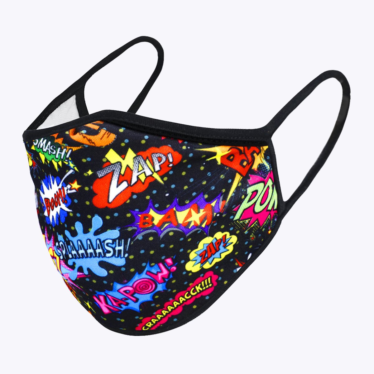 Cartoon Lettering 3-Layered Face Cover featuring colorful prints, made from polyester and cotton, designed for comfort and protection.