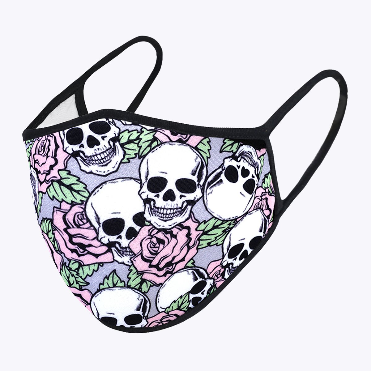 Cartoon Skull Flower 3-Layered Face Cover featuring a vibrant skull and flower design, made from polyester and cotton, suitable for unisex wear.