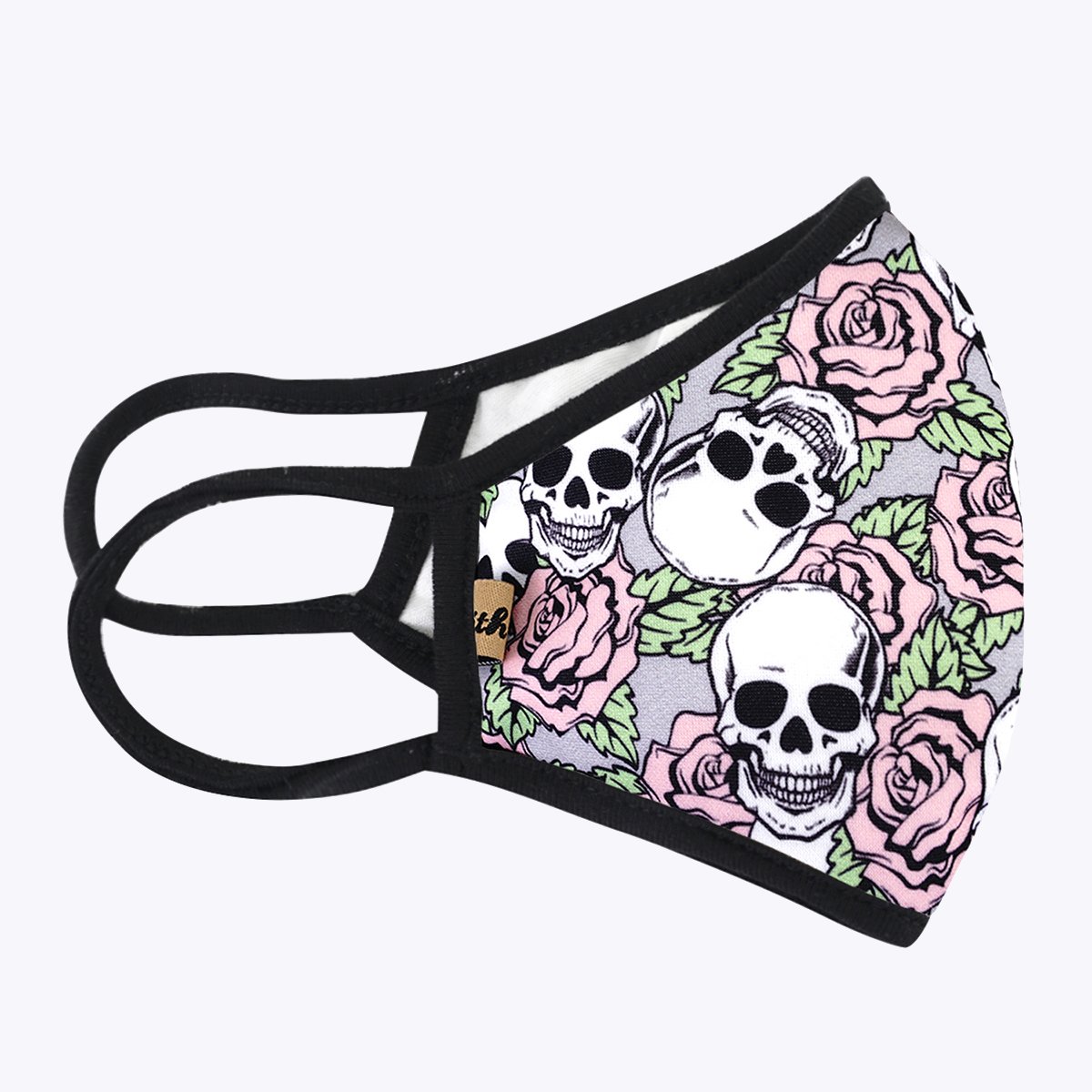 Cartoon Skull Flower 3-Layered Face Cover featuring a vibrant skull and flower design, made from polyester and cotton, suitable for unisex wear.