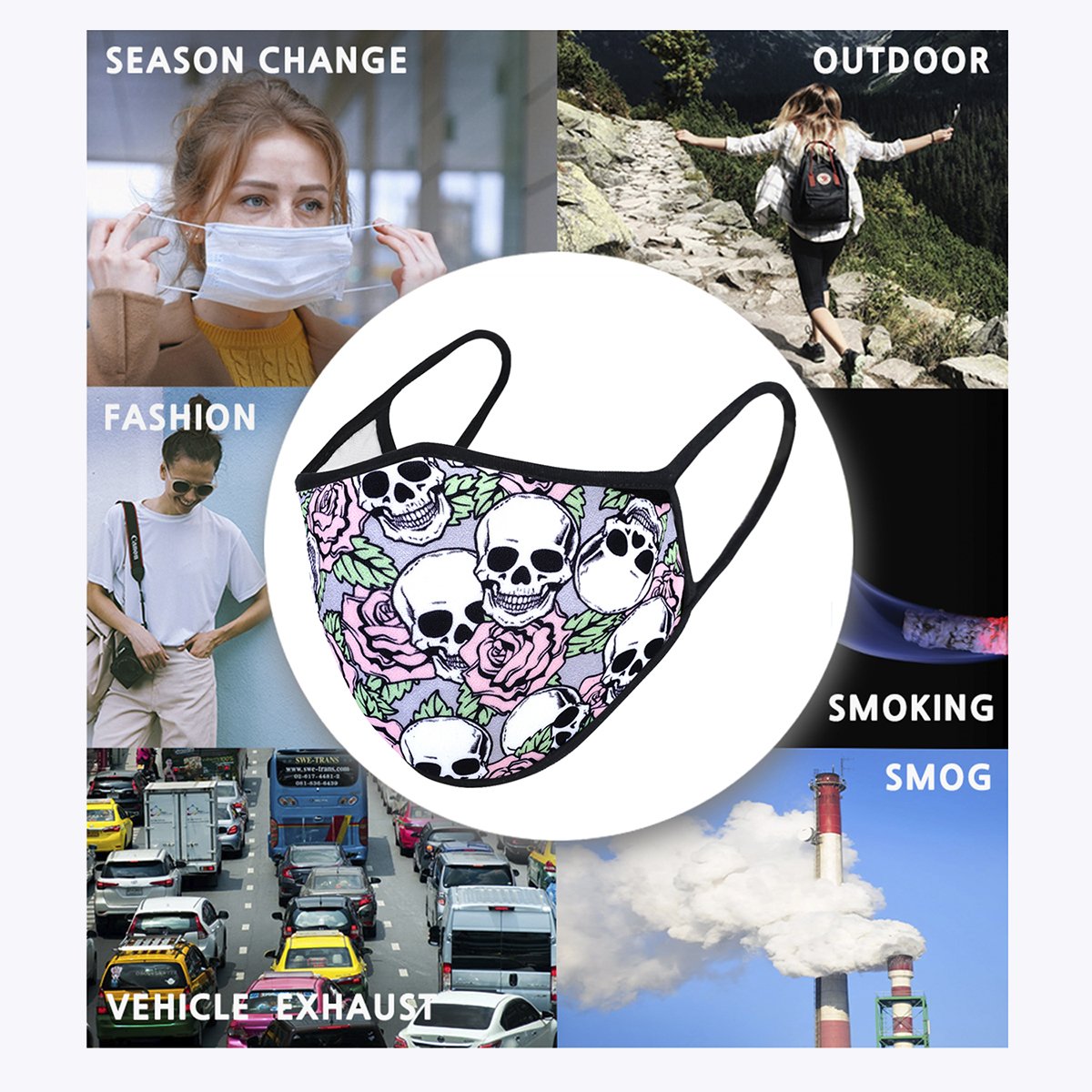 Cartoon Skull Flower 3-Layered Face Cover featuring a vibrant skull and flower design, made from polyester and cotton, suitable for unisex wear.