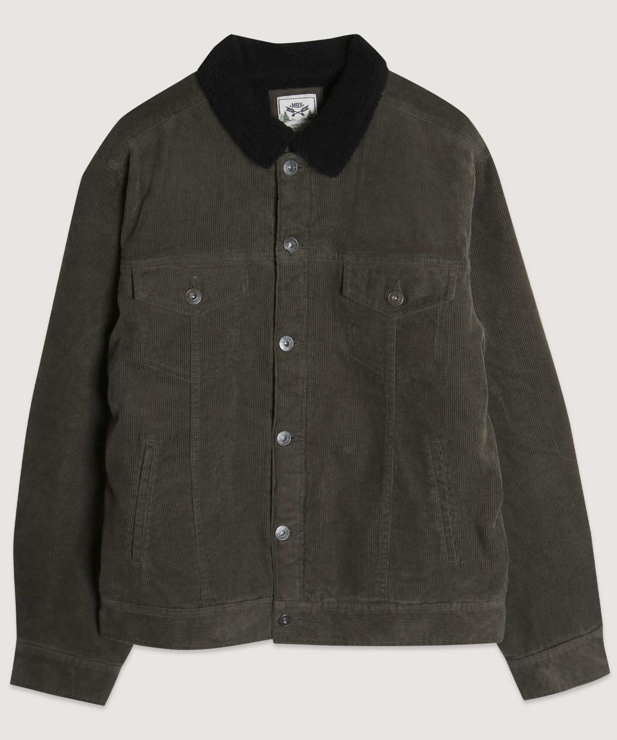 Casual Corduroy Lined Trucker Jacket in Dark Olive with Borg collar and pockets, showcasing its stylish design and warm sherpa lining.