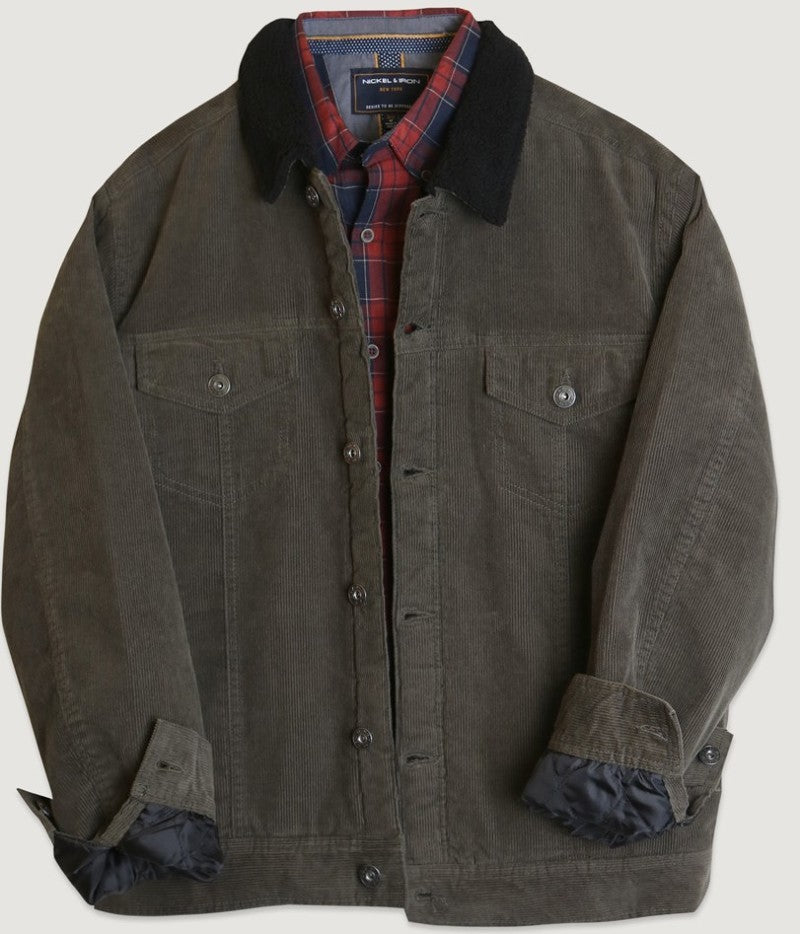 Casual Corduroy Lined Trucker Jacket in Dark Olive with Borg collar and pockets, showcasing its stylish design and warm sherpa lining.