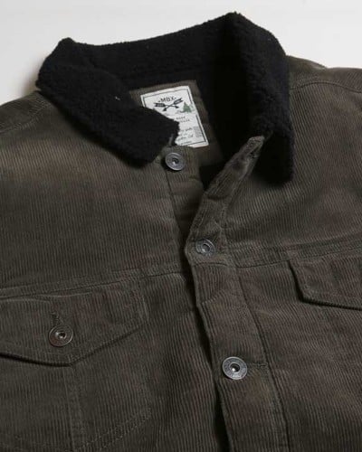 Casual Corduroy Lined Trucker Jacket in Dark Olive with Borg collar and pockets, showcasing its stylish design and warm sherpa lining.