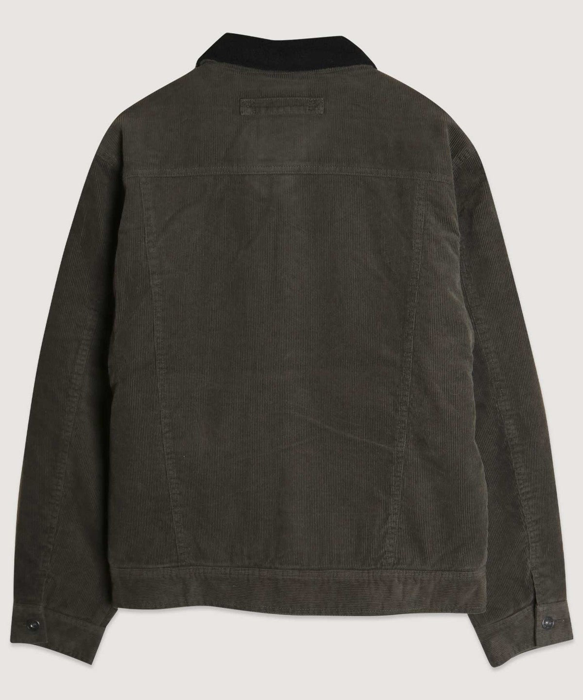 Casual Corduroy Lined Trucker Jacket in Dark Olive with Borg collar and pockets, showcasing its stylish design and warm sherpa lining.