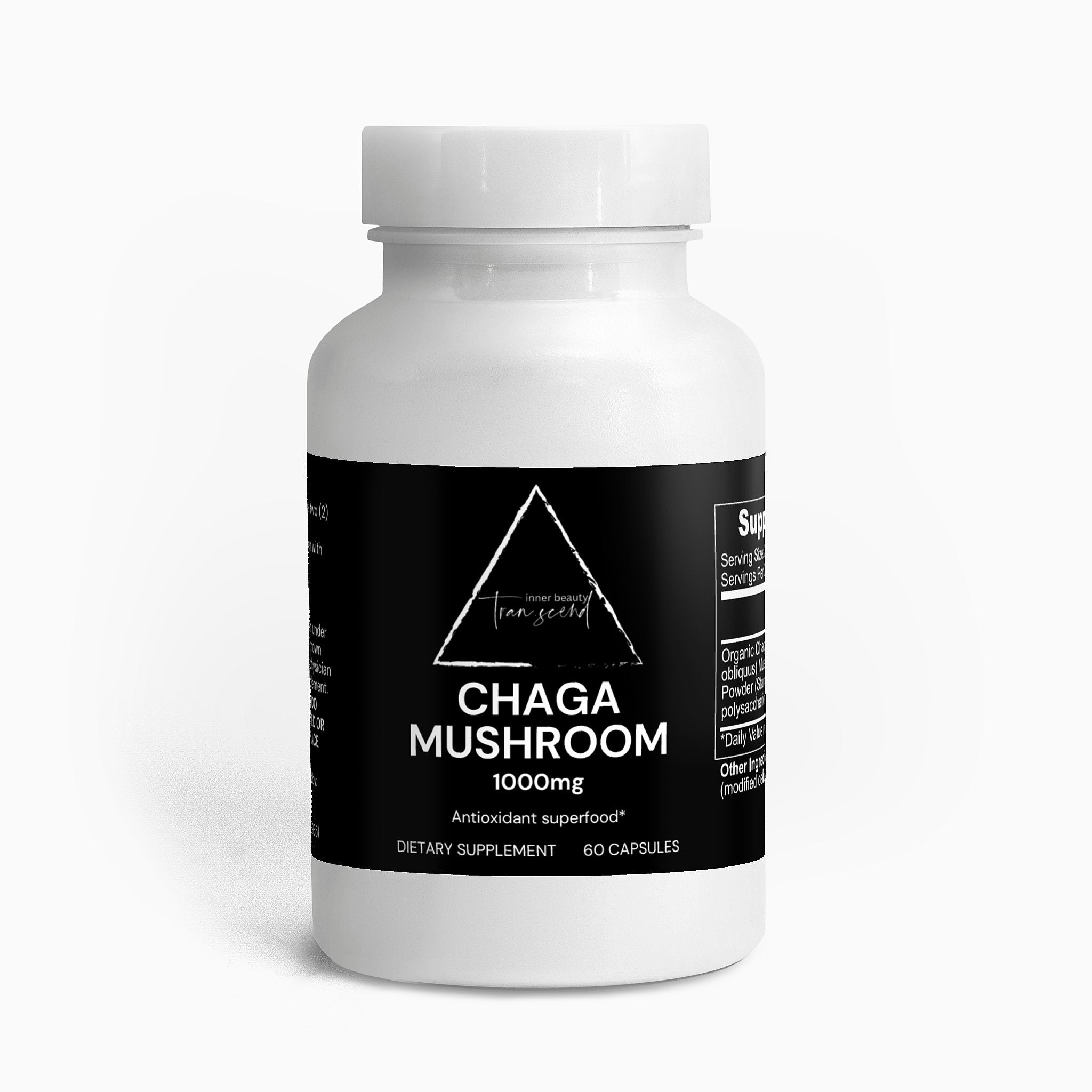 Chaga Mushroom capsules in a bottle, showcasing their vegan and gluten-free properties.
