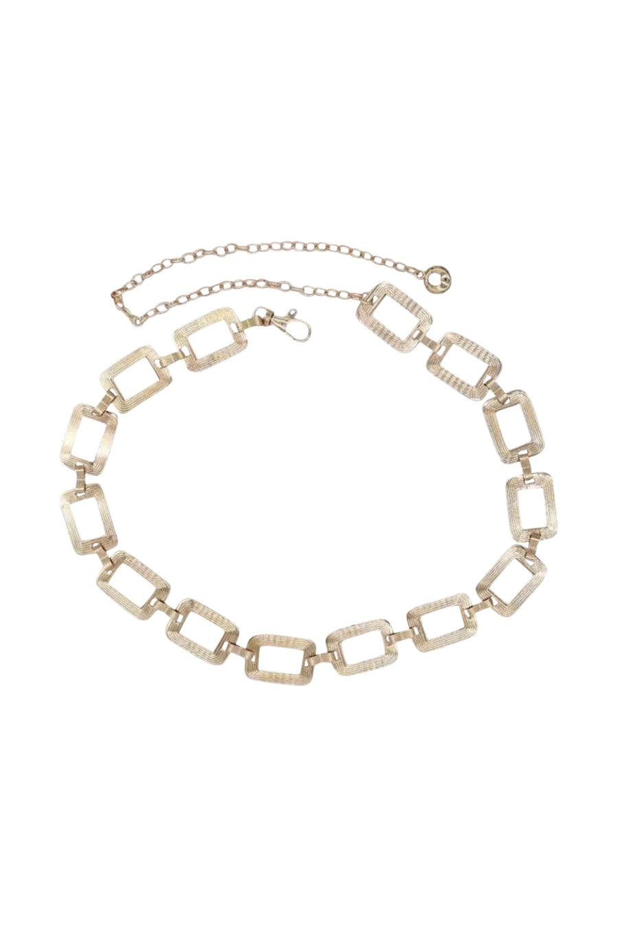 A stylish gold rectangular chain waist belt with a lobster clasp closure, perfect for accessorizing outfits.