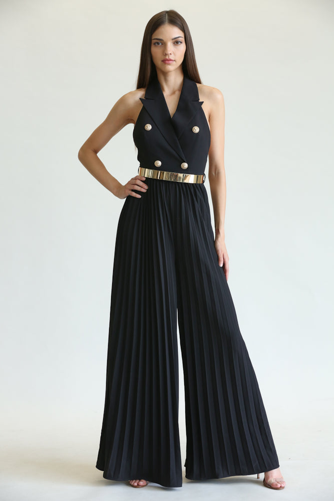 Channary Gold Button Front Detail Jumpsuit featuring a solid stretch bodice, pleated chiffon wide-leg pants, and elegant gold button accents.