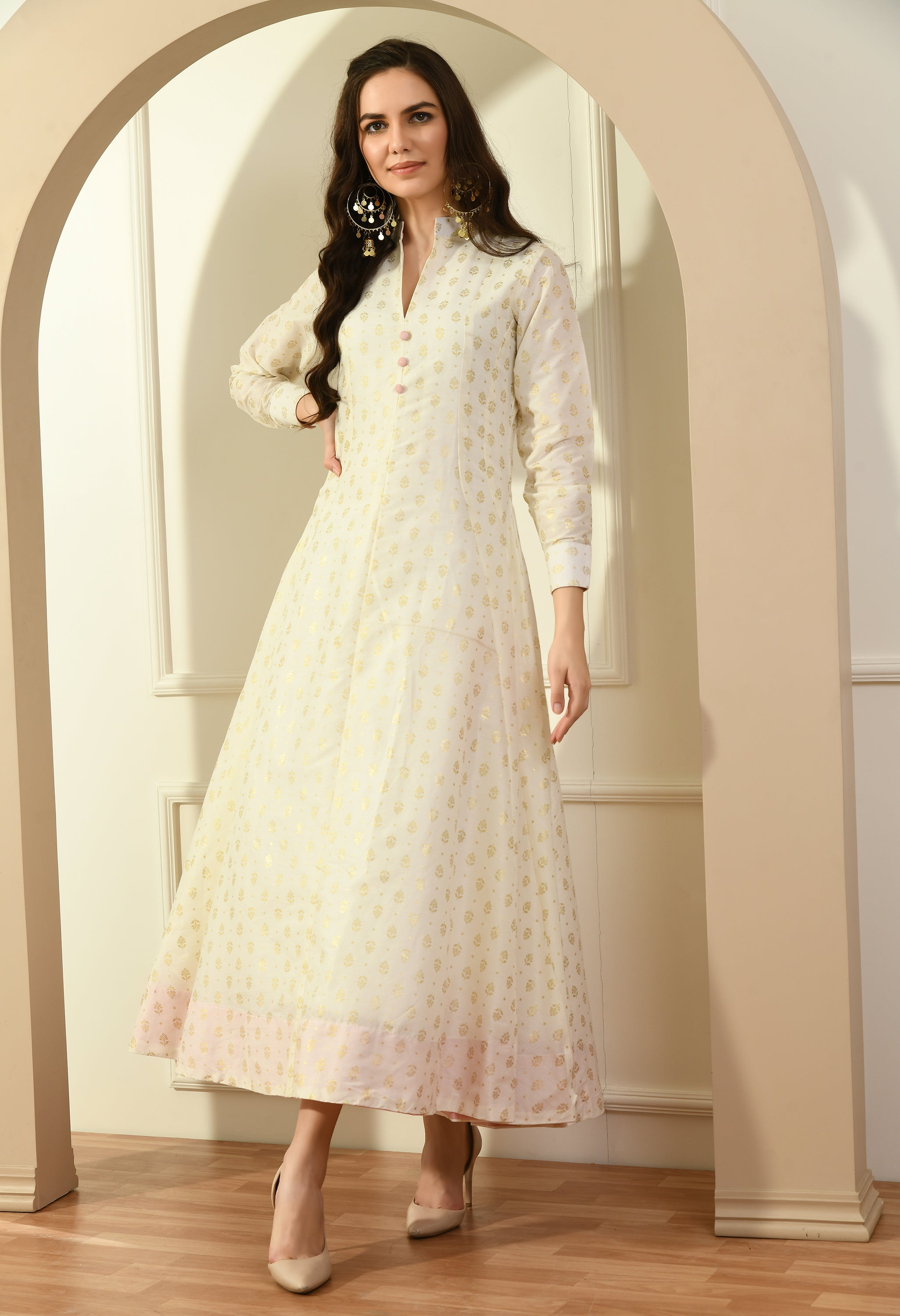 Chandheri Khadi Work Long Kurta in off-white with pink border, featuring Anarkali design and full sleeves.
