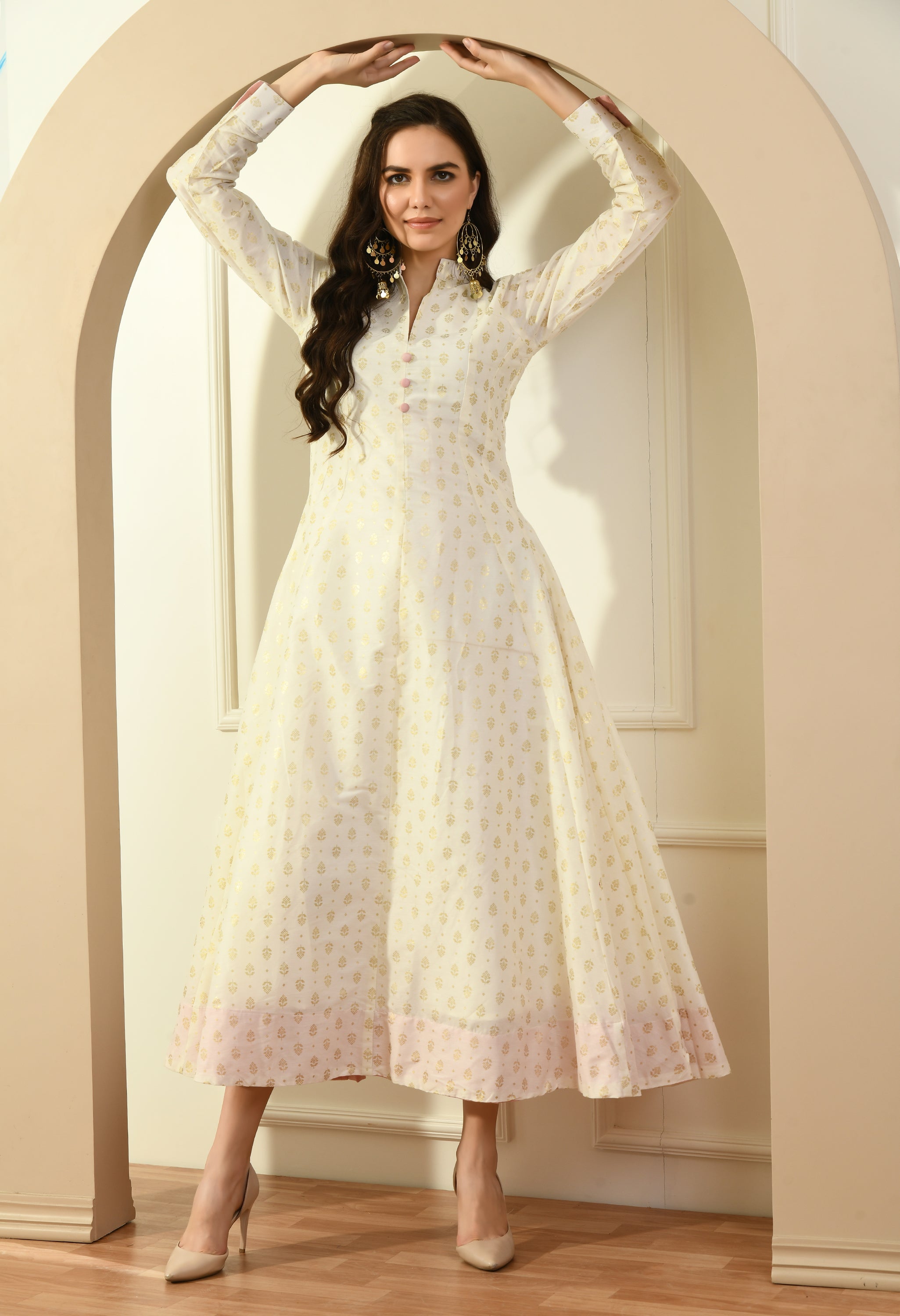 Chandheri Khadi Work Long Kurta in off-white with pink border, featuring Anarkali design and full sleeves.