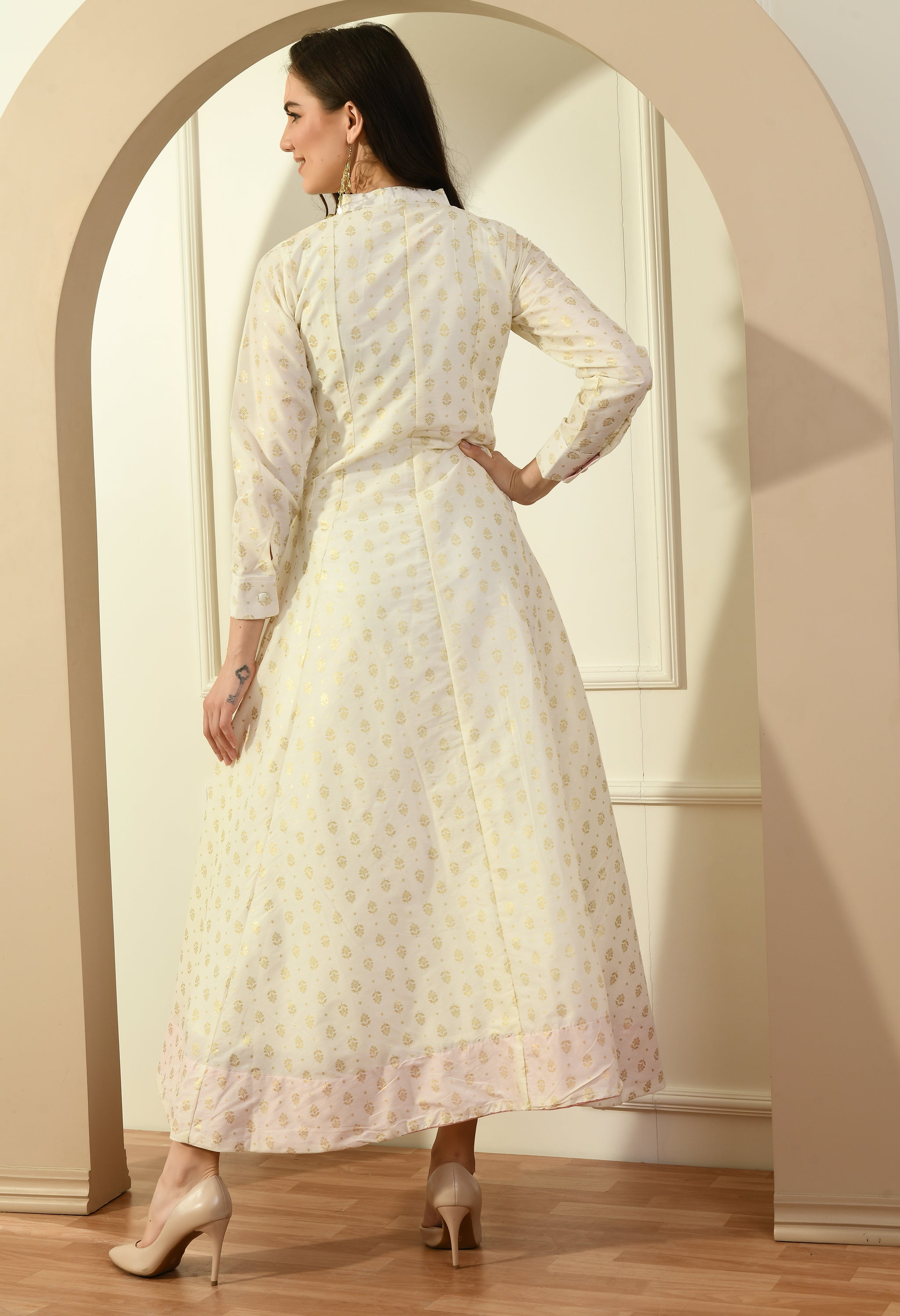 Chandheri Khadi Work Long Kurta in off-white with pink border, featuring Anarkali design and full sleeves.