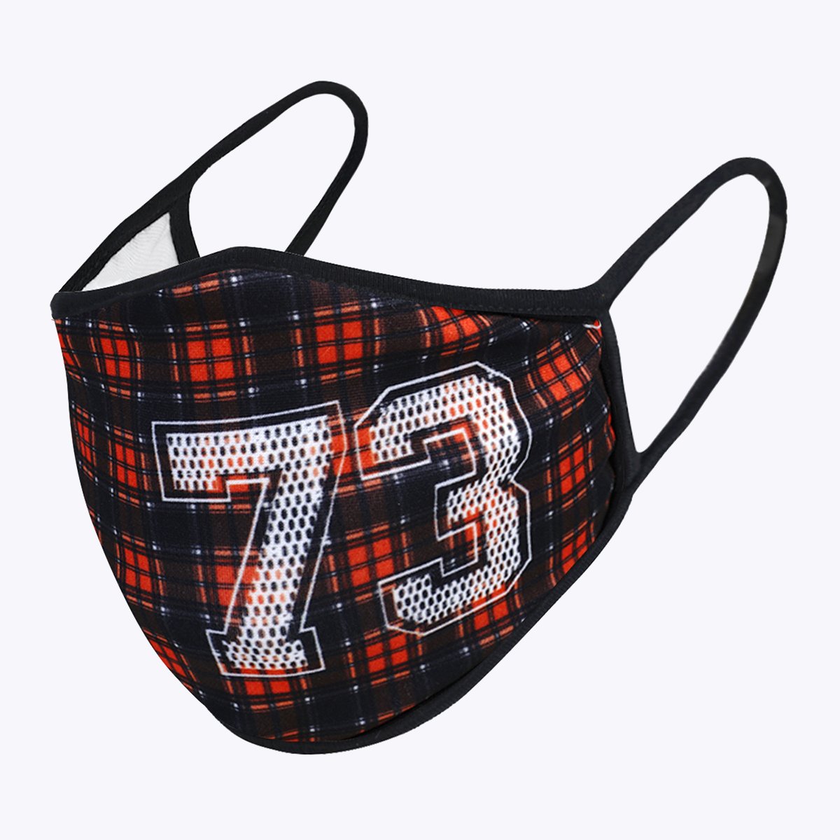 Checkered face mask with number 73.