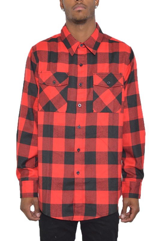 A stylish checkered long sleeve flannel shirt featuring a classic collar, chest pockets, and a curved hem, made from a soft cotton-polyester blend.
